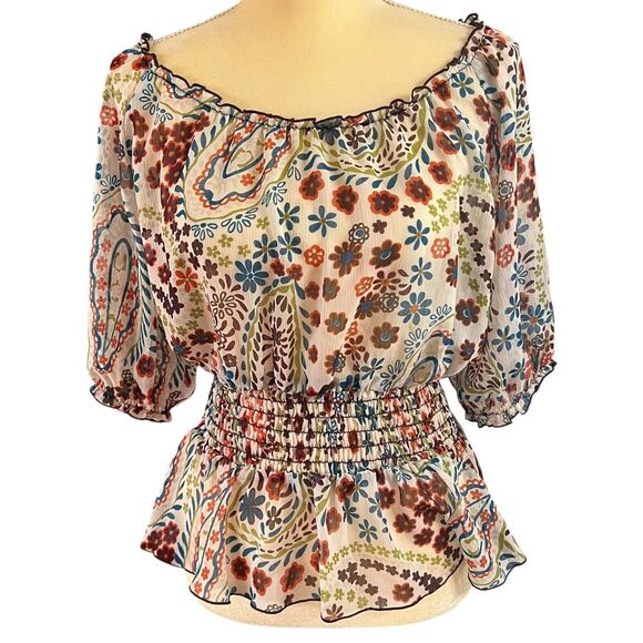 XOXO Floral Blouse Smocked Waist Sheer Top Boho Chic Made in USA Medium - Picture 1 of 14
